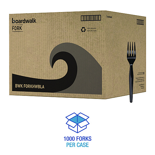 Boardwalk&reg; Full Length Polystyrene Cutlery, Fork, Black, 1000/Ctn (BWKFORKHWBLA)