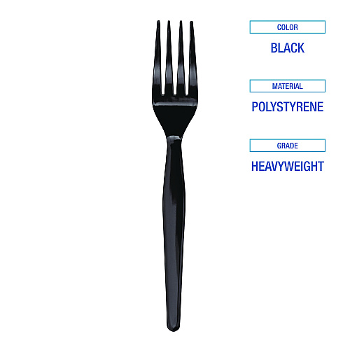 Boardwalk&reg; Full Length Polystyrene Cutlery, Fork, Black, 1000/Ctn (BWKFORKHWBLA)