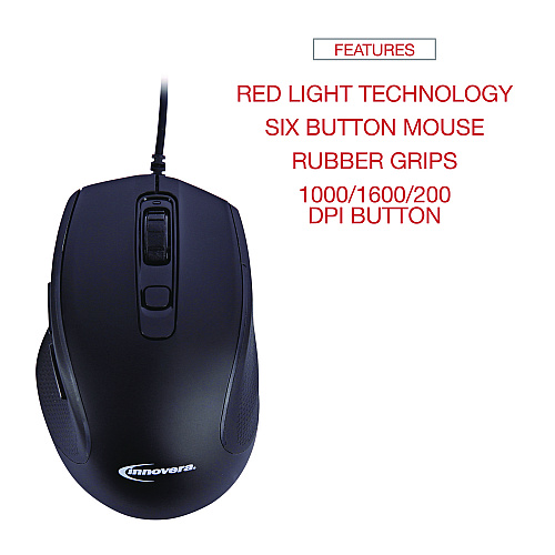 Innovera Full-Size Wired Optical Mouse, USB 2.0, Right Hand Use, Black (IVR61014)