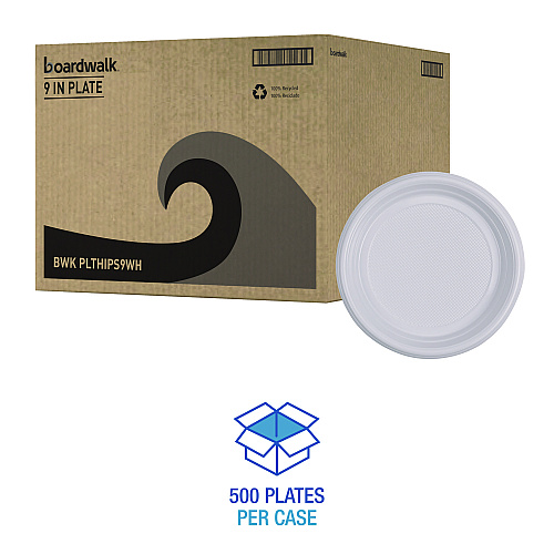 Boardwalk&reg; Hi-Impact Plastic Dinnerware Plate, 9" Dia, 500 Plates (BWKPLTHIPS9WH)