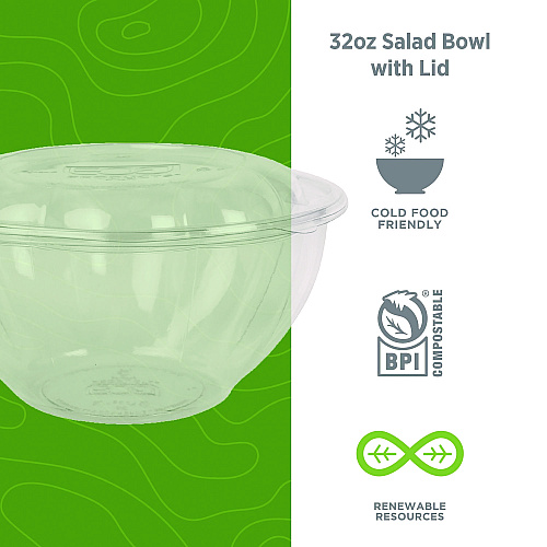 Eco-Products Renewable and Compostable Salad Bowls with Lids, 32 oz, Clear, Plastic, 50/Pack, 3 Packs/Carton (EPSB32)