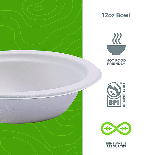 Eco-Products Renewable Sugarcane Bowls, 12 oz, Natural White, 50/Pack, 20 Packs/Carton (EPBL12)