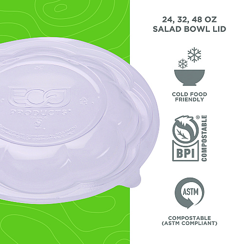 Eco-Products Renewable and Compostable Lids, Fits 24, 32 and 48 oz Salad Bowls, Clear, Plastic, 300/Carton (EPSBLID)