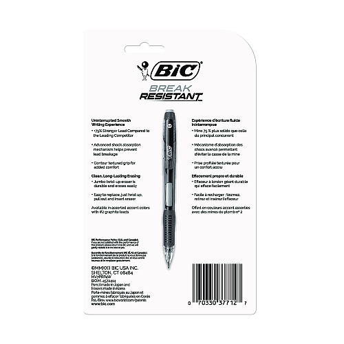 BIC Break-Resistant Mechanical Pencils with Erasers, 0.7 mm, HB (#2), Black Lead, Assorted Barrel Colors, 4/Pack (MV7PRP4BLK)