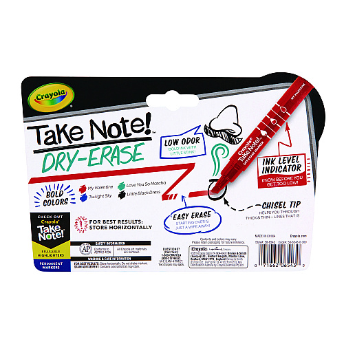 Crayola Take Note Dry Erase Markers, Chisel Tip, Assorted Colors, 4/Set (586543)