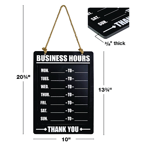 Excello Global Products Business Hours Indoor/Outdoor Hanging Chalkboard, 10 x 0.38 x 20.75, Black/White (EGPHD0311AS)