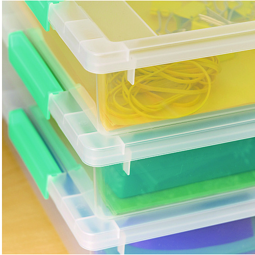 Iris Latch Lid Storage Box, 2.3 gal, 14 x 11 x 3.5, Clear Bin/Seafoam Latches (301158)