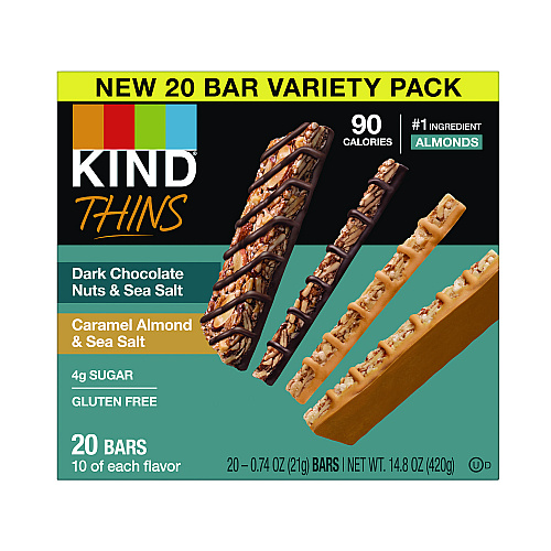 KIND Thins Bar Variety Pack, Caramel Almond & Sea Salt; Dark Chocolate Nuts & Sea Salt, 0.74 oz, 20/Box (PHW41888)