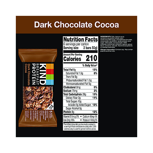 KIND Breakfast Protein Bars, Dark Chocolate Cocoa, 1.76 oz Two-Bar Packs, 6/Box (PHW41936)