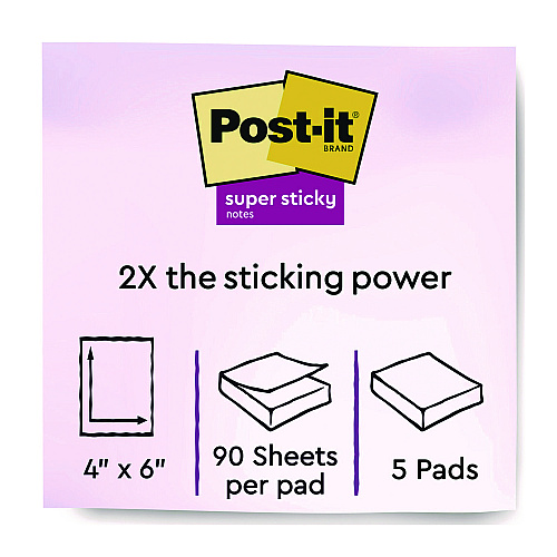 Post-it Note Pads in Summer Joy Color Collection Colors, 4" x 6", Note Ruled, 90 Sheets/Pad, 5 Pads/Pack (6605SSJOY)