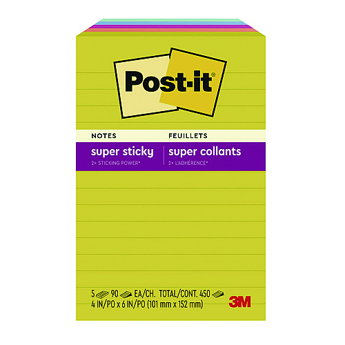 Post-it Note Pads in Summer Joy Color Collection Colors, 4" x 6", Note Ruled, 90 Sheets/Pad, 5 Pads/Pack (6605SSJOY)