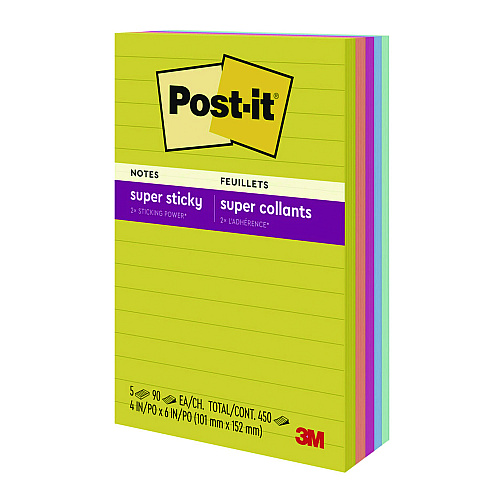 Post-it Note Pads in Summer Joy Color Collection Colors, 4" x 6", Note Ruled, 90 Sheets/Pad, 5 Pads/Pack (6605SSJOY)