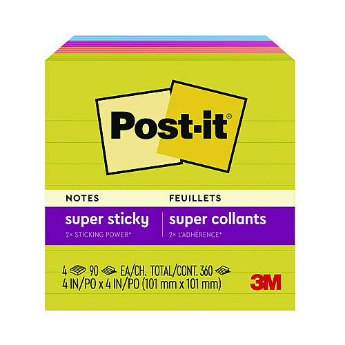 Post-it Note Pads in Summer Joy Collection, 4" x 4", Note Ruled, 90 Sheets/Pad, 4 Pads/Pack (6754SSJOY)