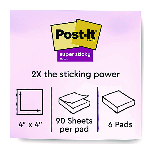 Post-it Note Pads in Summer Joy Color Collection Colors, 4" x 4", Note Ruled, 90 Sheets/Pad, 6 Pads/Pack (6756SSJOY)