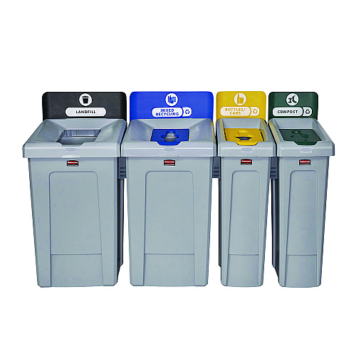 Rubbermaid Commercial Slim Jim Recycling Station Kit, 1-Stream Bottles and Cans, 23 gal, Plastic, Yellow/Gray (2185052)
