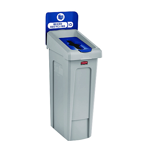 Rubbermaid Commercial Slim Jim Recycling Station Kit, 1-Stream Mixed Recycling, 23 gal, Plastic, Gray/Blue (2185055)