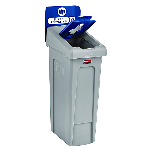 Rubbermaid Commercial Slim Jim Recycling Station Kit, 1-Stream Mixed Recycling, 23 gal, Plastic, Gray/Blue (2185055)