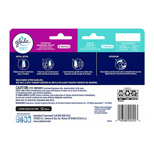 Glade Plugins Scented Oil Refill, Aqua Waves/Vanilla Passionfruit, 0.67 oz, 7/Pack (350783)