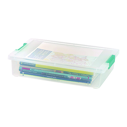 Iris Latch Lid Storage Box, 2.3 gal, 14 x 11 x 3.5, Clear Bin/Seafoam Latches (301158)