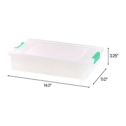 Iris Latch Lid Storage Box, 2.3 gal, 14 x 11 x 3.5, Clear Bin/Seafoam Latches (301158)