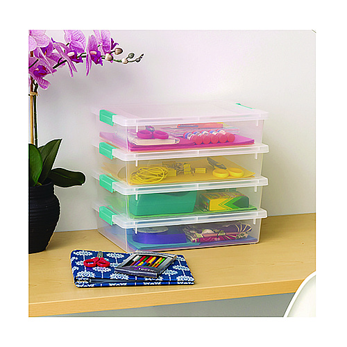 Iris Latch Lid Storage Box, 2.3 gal, 14 x 11 x 3.5, Clear Bin/Seafoam Latches (301158)