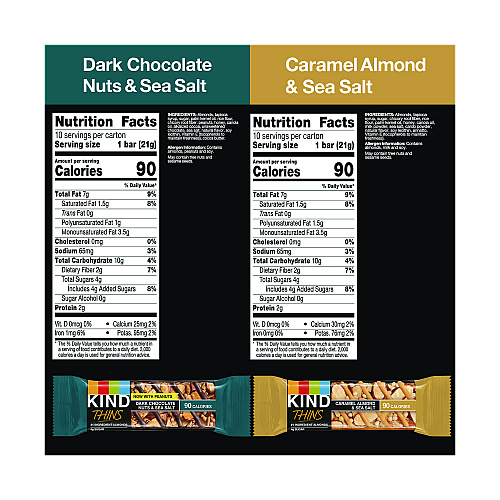 KIND Thins Bar Variety Pack, Caramel Almond & Sea Salt; Dark Chocolate Nuts & Sea Salt, 0.74 oz, 20/Box (PHW41888)