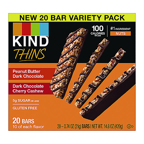 KIND Thins Bar Variety Pack, Dark Chocolate Cherry Cashew; Peanut Butter Dark Chocolate, 0.74 oz, 20/Box (PHW41891)