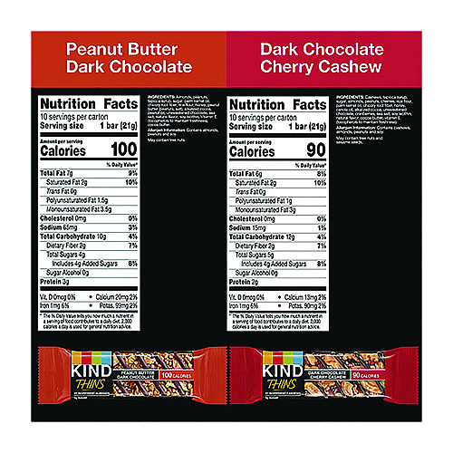 KIND Thins Bar Variety Pack, Dark Chocolate Cherry Cashew; Peanut Butter Dark Chocolate, 0.74 oz, 20/Box (PHW41891)