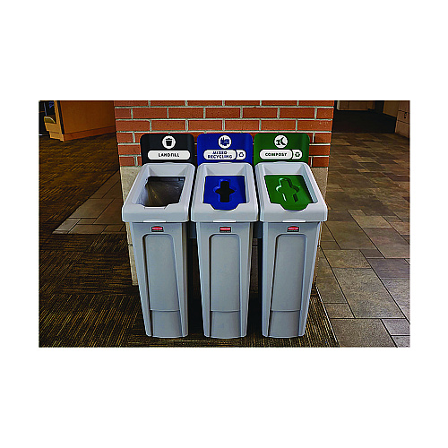 Rubbermaid Commercial Slim Jim Recycling Station Kit, 1-Stream Mixed Recycling, 23 gal, Plastic, Gray/Blue (2185055)