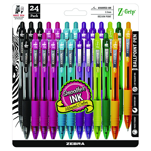 Zebra Z-Grip Ballpoint Pen, Retractable, Medium 1 mm, Assorted Artistic Ink Colors, Assorted Barrel Colors, 24/Pack (12271)