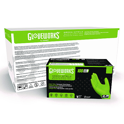 GloveWorks by AMMEX Heavy-Duty Industrial Nitrile Gloves, Powder-Free, 8 mil, Medium, Green, 100 Gloves/Box, 10 Boxes/Carton (GWGN44100CT)