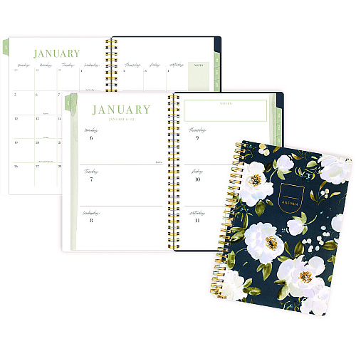 Cambridge Leah Bisch Weekly/Monthly Floral Planner, Floral Artwork, 8.5 x 6.38, Blue/White/Gold Cover, 12-Month (Jan to Dec): 2025 (LB34200)