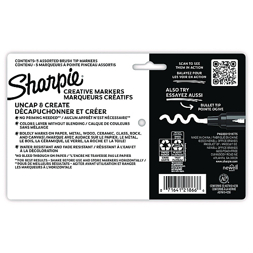 Sharpie Creative Markers, Fine Brush Tip, Assorted Colors, 5/Pack (2196904)