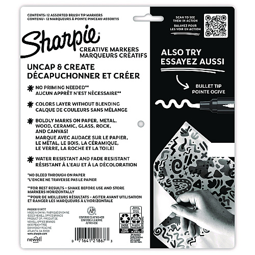 Sharpie Creative Markers, Fine Brush Tip, Assorted Colors, 12/Pack (2196907)