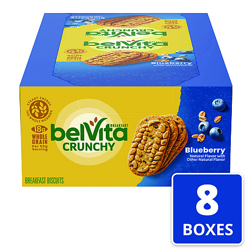 Nabisco belVita Breakfast Biscuits, 1.76 oz Pack, Blueberry, 8 Packs/Box, 8 Boxes/Carton (02908)