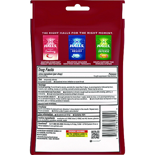 Halls Triple Action Cough Drops, Cherry, 30/Bag, 12 Bags/Box (27499)