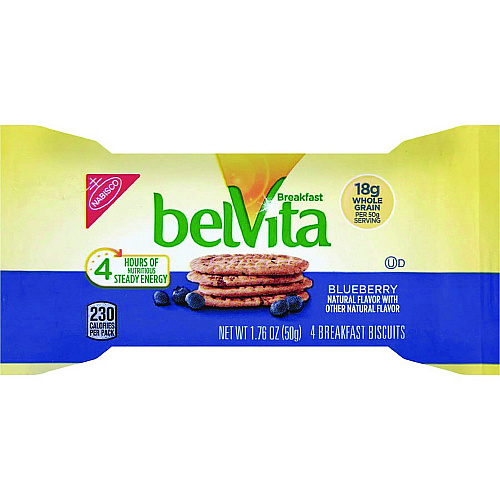 Nabisco belVita Breakfast Biscuits, 1.76 oz Pack, Blueberry, 8 Packs/Box, 8 Boxes/Carton (02908)