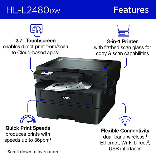 Brother Wireless HL-L2480DW Compact Monochrome Multi-Function Laser Printer, Copy/Print/Scan