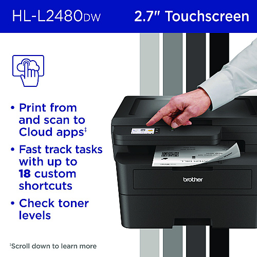 Brother Wireless HL-L2480DW Compact Monochrome Multi-Function Laser Printer, Copy/Print/Scan