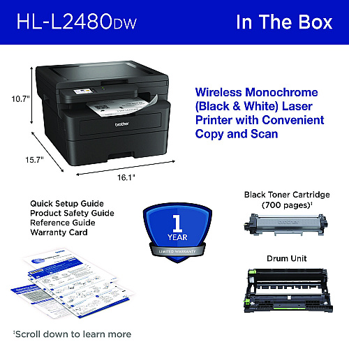 Brother Wireless HL-L2480DW Compact Monochrome Multi-Function Laser Printer, Copy/Print/Scan