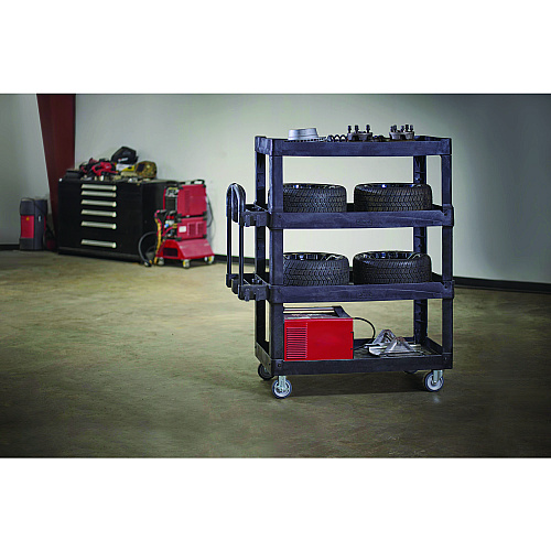 Rubbermaid Commercial BRUTE Heavy-Duty Ergo Utility Cart, Plastic, 4 Shelves, 700 lb Capacity, 24.35" x 54.1" x 62.4", Black (2128657)
