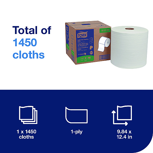 Tork Light Duty Cleaning Cloth, Giant Roll, 1-Ply, 9 x 12.4, White, 1,450 Sheet Roll/Carton (500105)