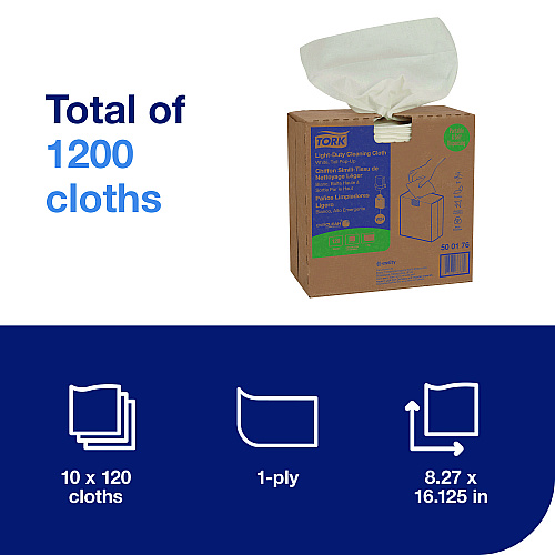 Tork Light Duty Cleaning Cloth Pop Up Box, 1-Ply, 8.3 x 16.1, White, 120 Cloths/Pack, 10 Packs/Carton (500176)