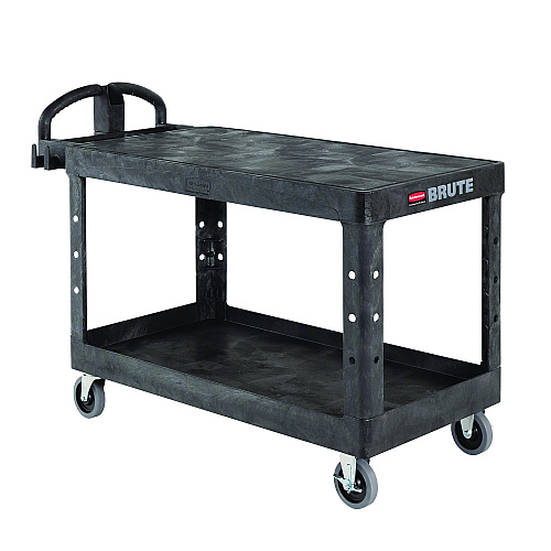 Rubbermaid Commercial Heavy-Duty Utility Cart with Flat Shelves, Plastic, 2 Shelves, 500 lb Capacity, 25.25" x 54" x 36", Black (4545BLA)