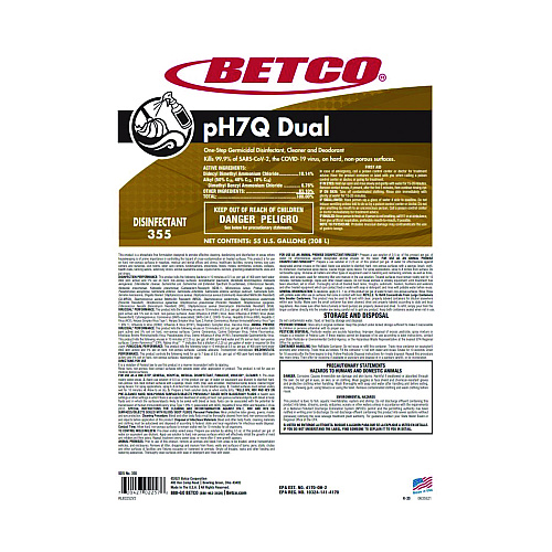 Betco pH7Q Dual Neutral Disinfectant Cleaner, Lemon Scent, 10.78 gal Drum (3555500)