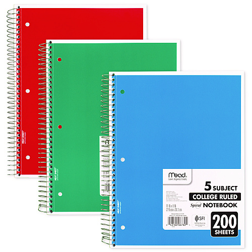 Mead Spiral Notebook, 5-Subject, Medium/College Rule, Randomly Assorted Cover Color, (200) 11 x 8 Sheets (06780)
