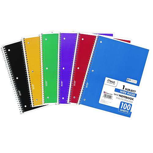 Mead Spiral Notebook, 3-Hole Punched, 1-Subject, Wide/Legal Rule, Randomly Assorted Cover Color, (100) 10.5 x 7.5 Sheets (05514)