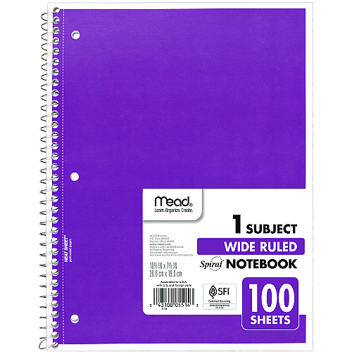 Mead Spiral Notebook, 3-Hole Punched, 1-Subject, Wide/Legal Rule, Randomly Assorted Cover Color, (100) 10.5 x 7.5 Sheets (05514)