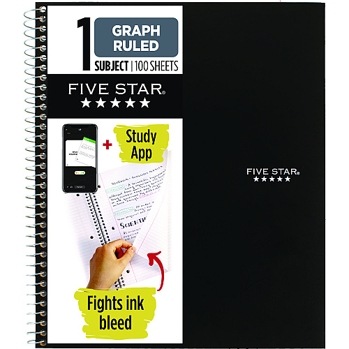 Five Star Wirebound Notebook with 2 Pockets, 1-Subject, Quadrille Rule (4 sq/in), Randomly Assorted Cover Color, (100) 11 x 8.5 Sheets (06190)