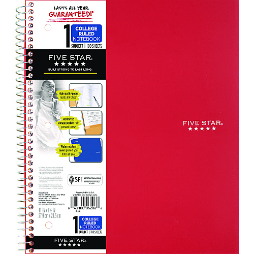 Five Star Wirebound Notebook, 1-Subject, Medium/College Rule, Red Cover, (100) 11 x 8.5 Sheets (72053)